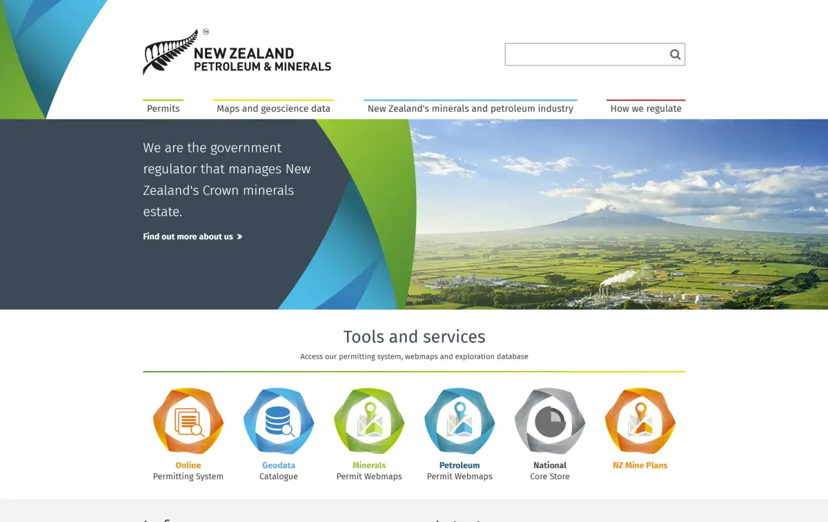 Desktop view of New Zealand Petroleum and Minerals website. 