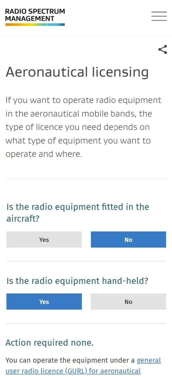 Mobile view of Radio Spectrum Management website. 