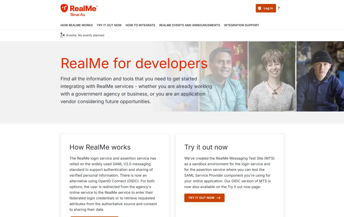 Desktop view of DIA RealMe Developers Portal website. 
