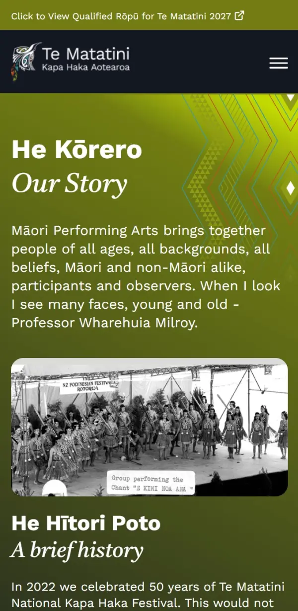 Mobile view of Te Matatini website. 